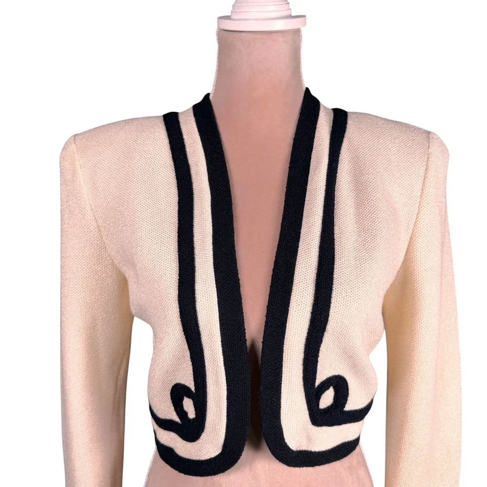 St John Bolero Jacket Womens 4 Cream‎ Black Vintage Santana Knit Cropped Shrug